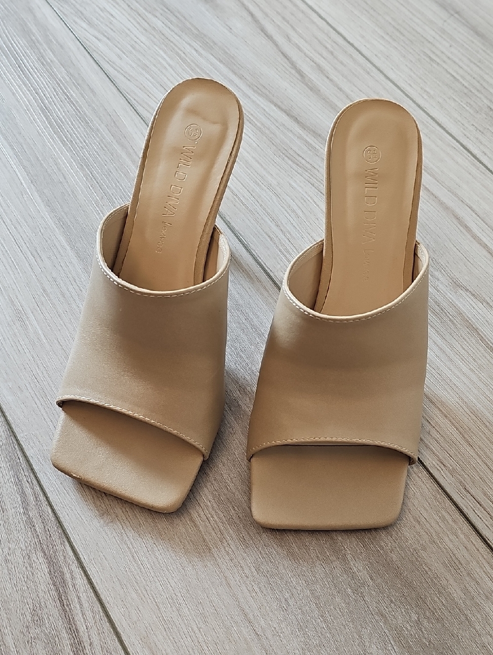 Wild Diva Tan Open-Toe Slide Heels